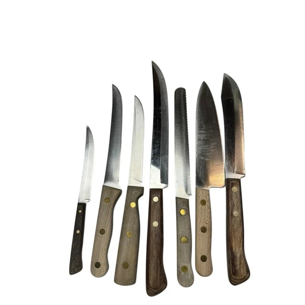 Mixed Lot 7 Vintage Vanadium Chicago Knives Wood Handle MCM Chef Bread